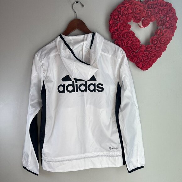 adidas Women's Logo Running Windbreaker Hoodie XS Black White HF2149 - Picture 6 of 13